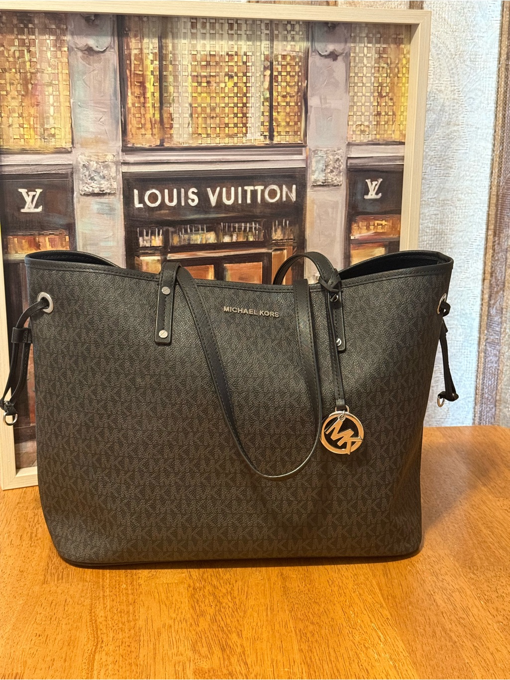 Michael Kors Black Large Mk Logo Tote With Silver Mk Charm